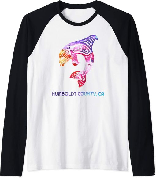 Humboldt County California Orca Killer Whale Native American Raglan Baseball Tee